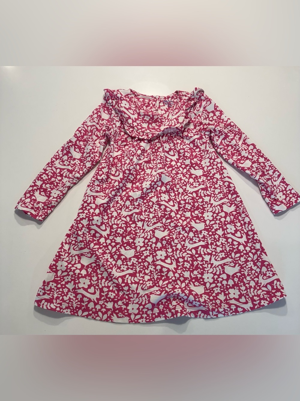 Baby Boden Pink Woodland Floral Bird Print Long Sleeve Dress 3-4Y